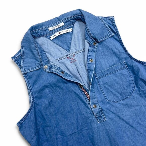 Tommy Hilfiger Women’s Soft Denim Snap Button V-Neck Tank Top Collared Size 14 - Picture 2 of 4